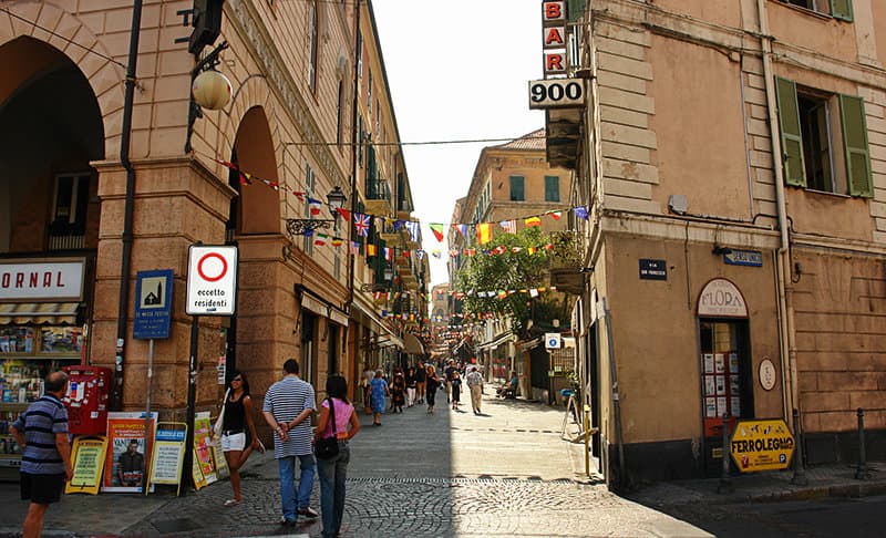 A street in Sanremo full of cafes, restaurants and bars